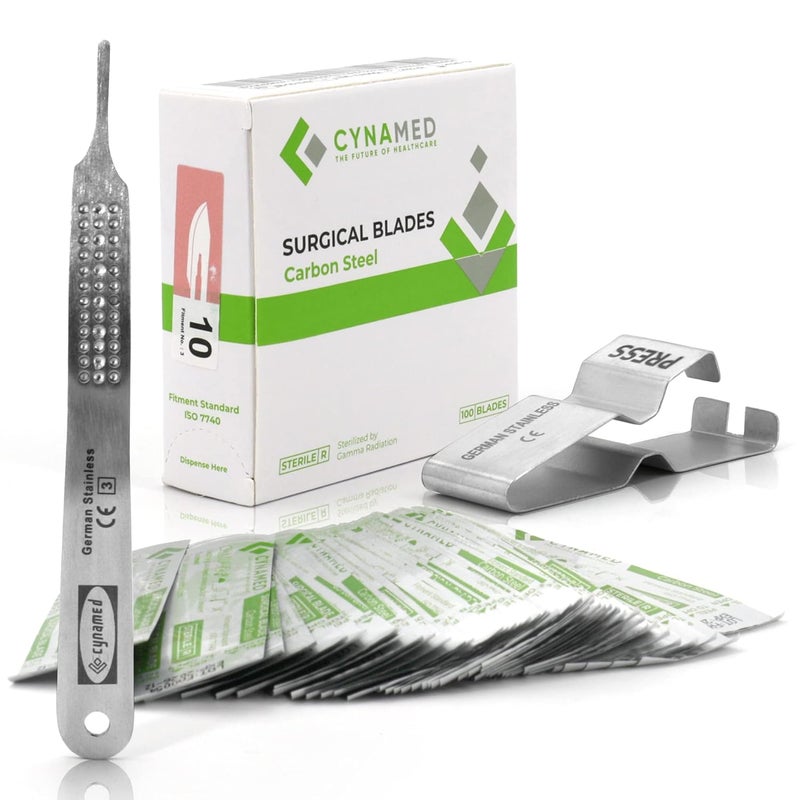 CYNAMED طقم أدوات ديرما بلانينغ المهنية من 3 قطع - مقبض مشرط من الفولاذ المقاوم للصدأ 3، أداة إزالة الشفرات، 100 شفرة ديرما جراحية - تقشير البشرة وإزالة شعر الزغب - مستلزمات أطباء الجلدية - Image 1